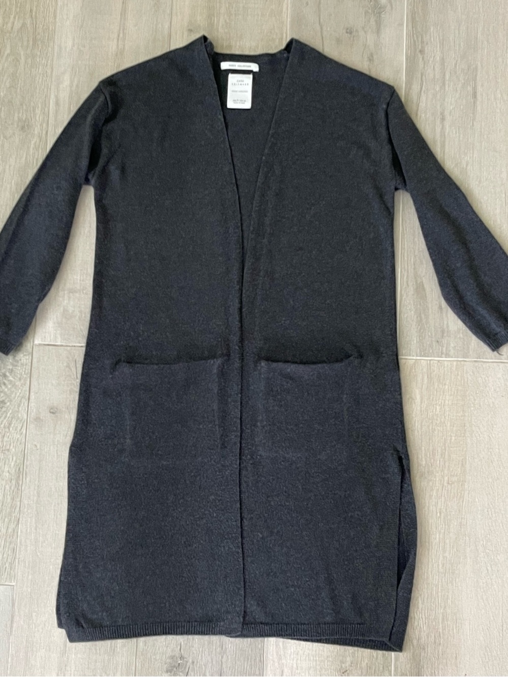 Zara Girls Long Open Front Knit Cardigan Dark Gray Size M Pockets